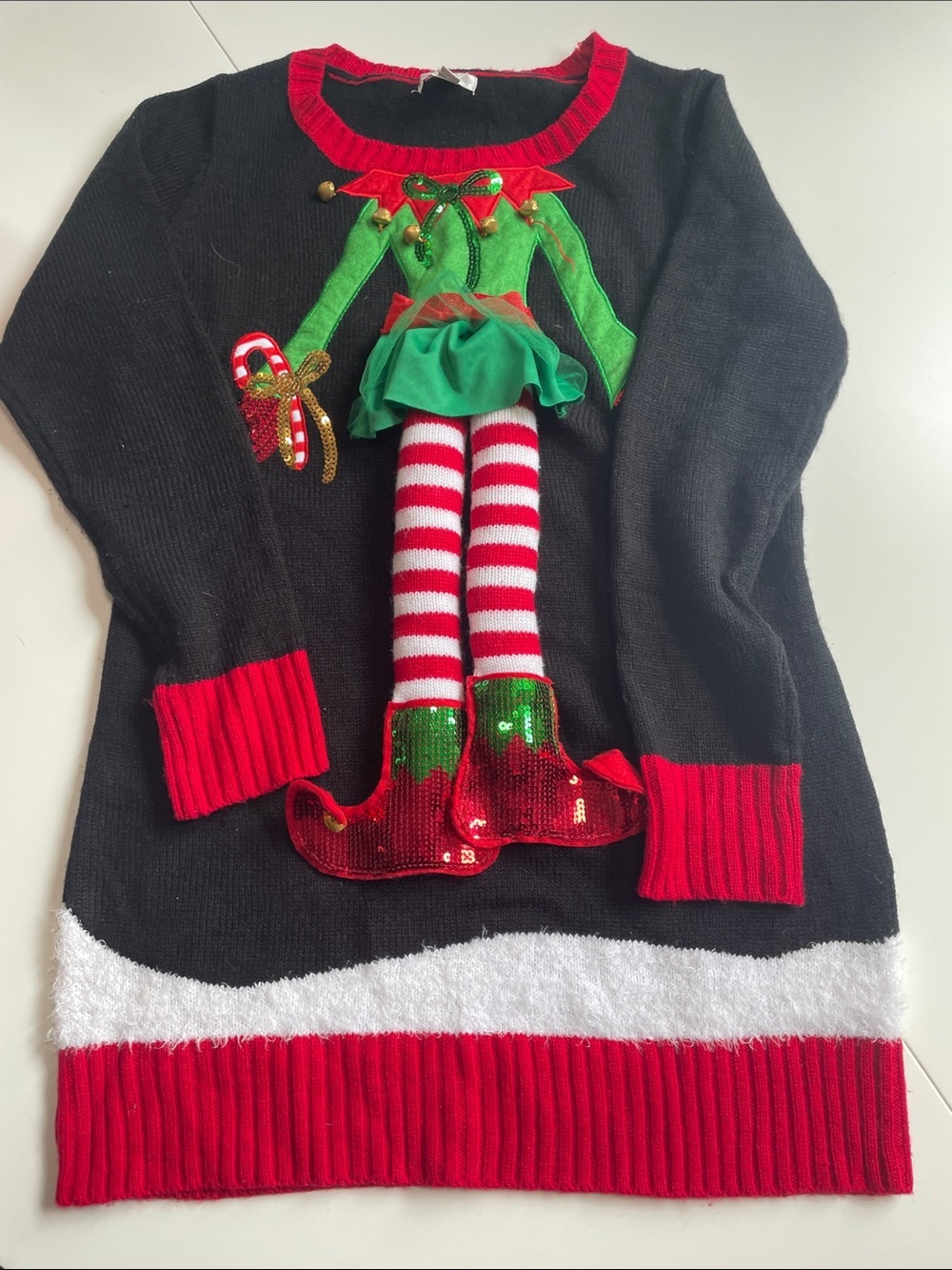 Sequined Elf Accent Sweater with Red Trim